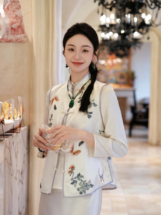 盛唐牡丹 |真丝手推绣对襟马甲 商品图0