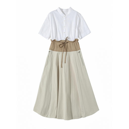 谜底连衣裙短袖2025夏季新品通勤撞色抽绳合身X型中长裙252ML0513 商品图4