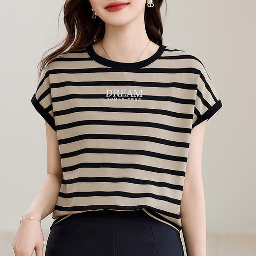 雀说条纹短袖t恤女女装小众设计感上衣宽松显瘦半袖体恤AL20061 商品图2