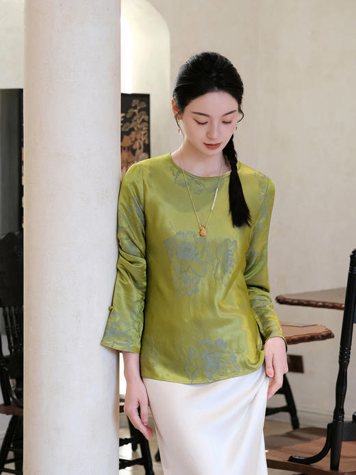 盛唐婧 |真丝牡丹提花修身国风上衣-绿色 商品图1