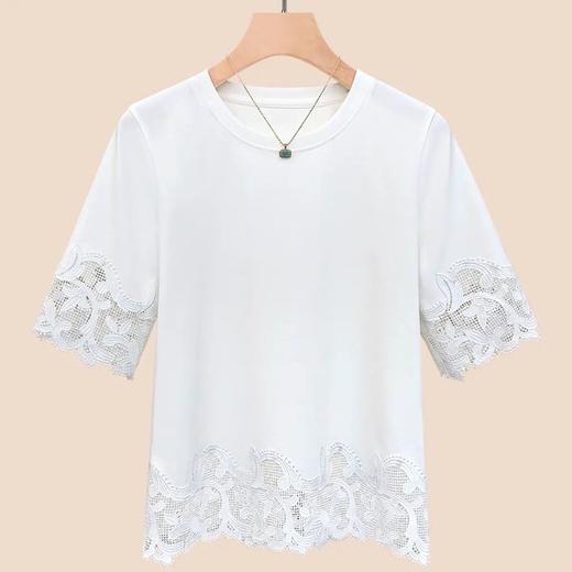 【自】全新升级【铂金会员109/天猫139/差价30】(13521) 洛诗琳蕾丝拼接圆领半袖T恤2025新款简约百搭显瘦纯色上衣 商品图4