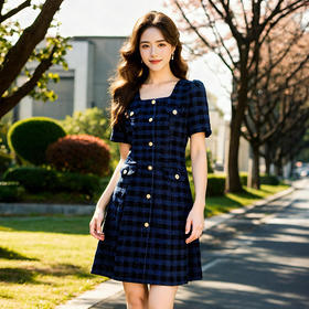 奢姿大码女装2025新款夏季胖妹妹法式收腰复古格子通勤气质连衣裙9952853136