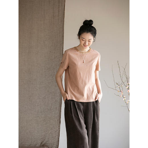 牧衣游原创 手工刺绣棉质茶染T恤舒爽透气休闲百搭圆领短袖 初茶 商品图2