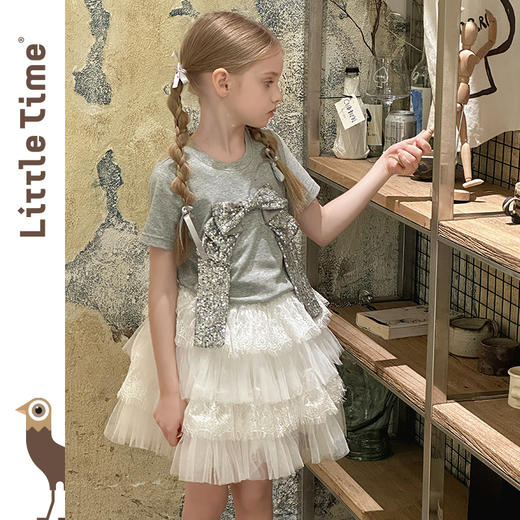 Littletime女童套装夏装2025新款儿童短袖T恤亮片蝴蝶结上衣套装 商品图1
