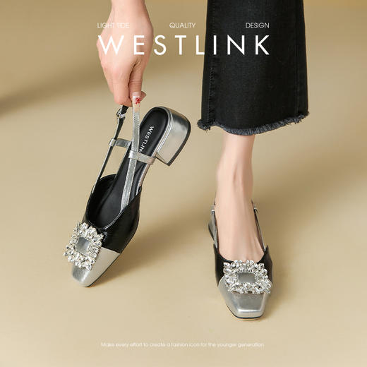 西遇小香风包头凉鞋女新款春夏法式方扣水钻银色方头粗跟单鞋V0656462 商品图1