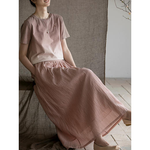 牧衣游原创手工刺绣丝棉半裙松紧腰宽松肌理感质朴百搭A字裙 醒椿 商品图1