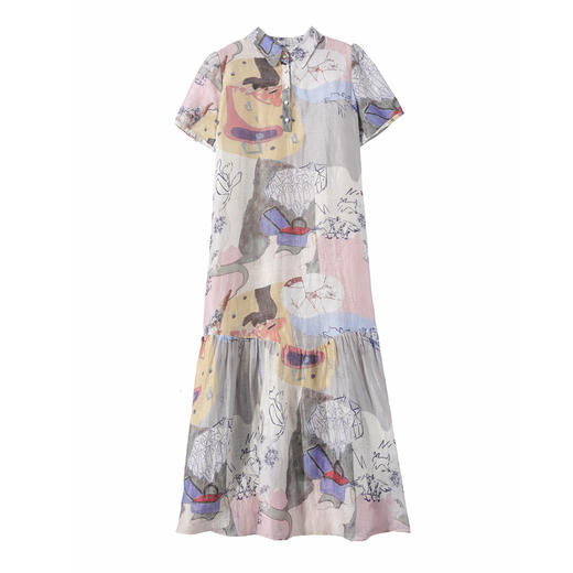 谜底连衣裙短袖女2025夏新品复古风度假印花宽松A型长裙252ML0697 商品图4