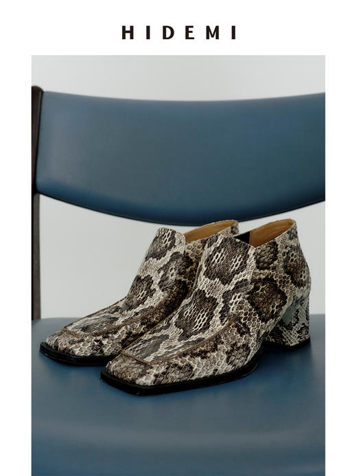 HIDEMI 进口顶级甄选蟒蛇皮极简方头都市设计感粗跟中跟皮鞋 商品图0