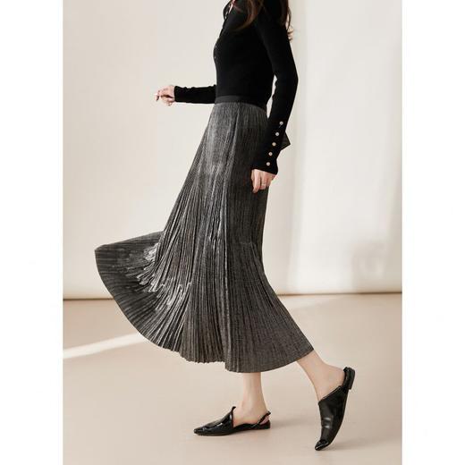 雀说新款气质半身裙重工压褶松紧腰光泽感中长款A字百褶裙AL4342 商品图5