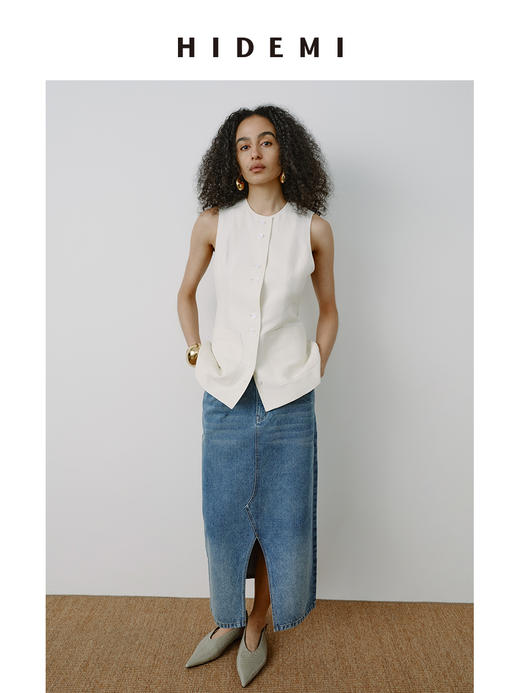 HIDEMI 水洗做旧猫须牛仔蓝开衩设计感H型半身裙 商品图3