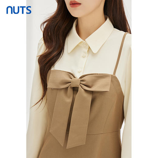 NUTS春秋新品时尚撞色优雅修身气质蝴蝶结长袖连衣裙333102128 商品图1