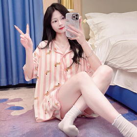 【内置杯垫不尴尬】自带胸垫睡衣女短袖短裤夏季免穿文胸少女可爱夏款卡通开衫家居服。ry