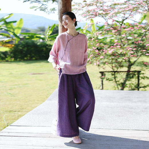 绽放旅行女装111朵/色织亚麻半腰松紧内加抽绳捏塔克褶透气阔腿裤 商品图2