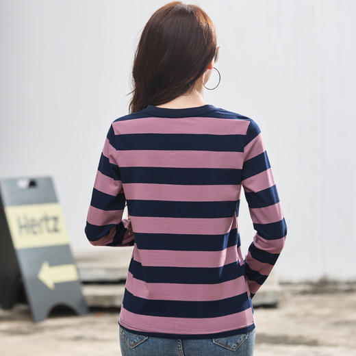 百媚生 条纹长袖T恤棉质圆领上衣9898 商品图3