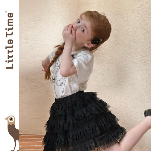 Littletime女童T恤2025春夏新款儿童卡通可爱洋气蝴蝶结珍珠短袖 商品图1