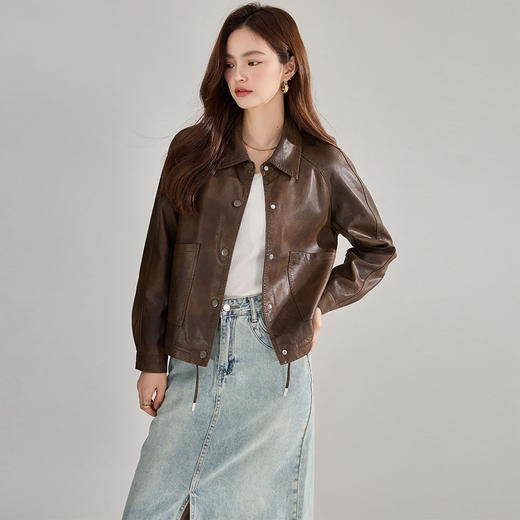 25春新款pu皮衣翻领复古外套女流行短款抽绳港风夹克上衣！ 商品图1