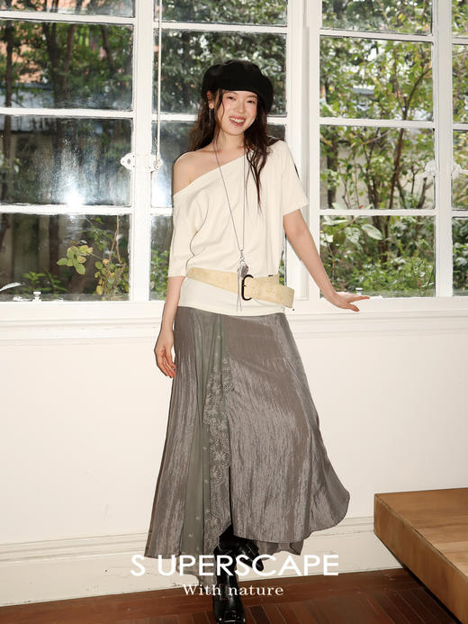 SUPERSCAPE素舶 春夏珠光皱感蕾丝拼接插片设计感长半裙 商品图1