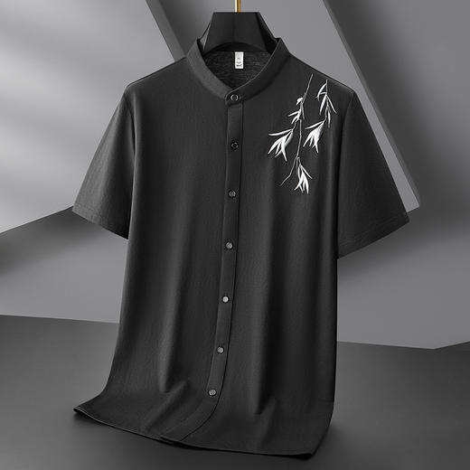 【棉质】【中国风】【DDP】大依优型大码立领短袖衬衫绣花树叶半袖衬衣男加肥大码休闲上衣肥佬宽松中国风棉 商品图1