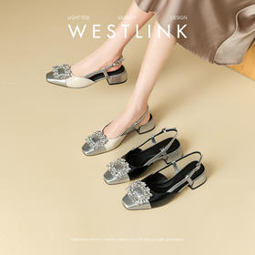 西遇小香风包头凉鞋女新款春夏法式方扣水钻银色方头粗跟单鞋V0656462