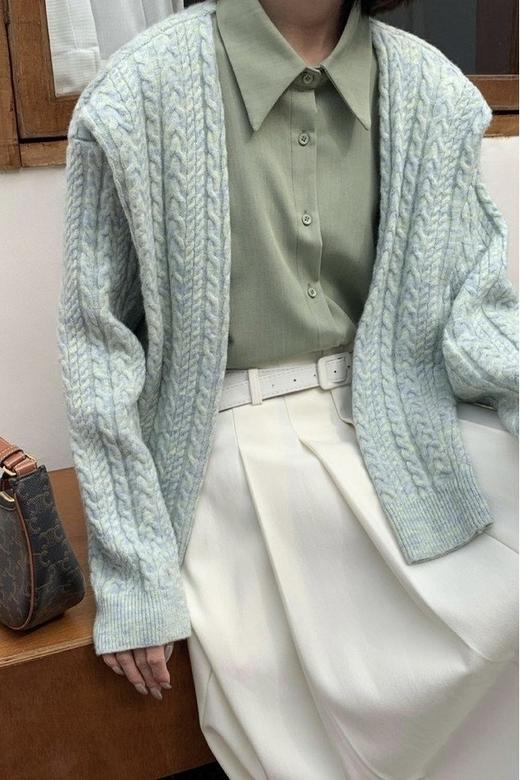 LNNNS 绿色拼接衬衫针织上衣 17818 商品图3