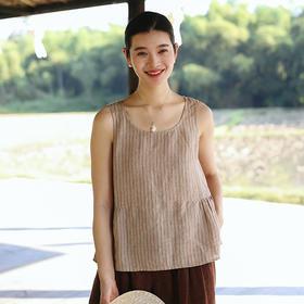 绽放旅行女装107朵/色织条纹亚麻圆领捏褶百搭显瘦透气背心吊带