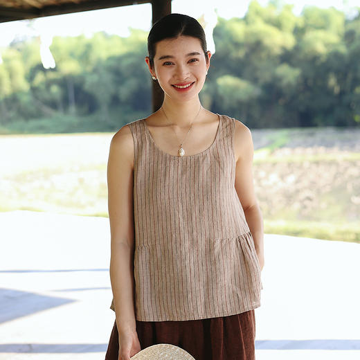 绽放旅行女装107朵/色织条纹亚麻圆领捏褶百搭显瘦透气背心吊带 商品图0