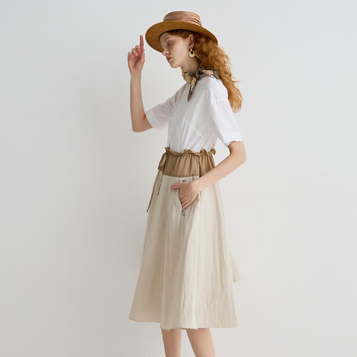 谜底连衣裙短袖2025夏季新品通勤撞色抽绳合身X型中长裙252ML0513 商品图1