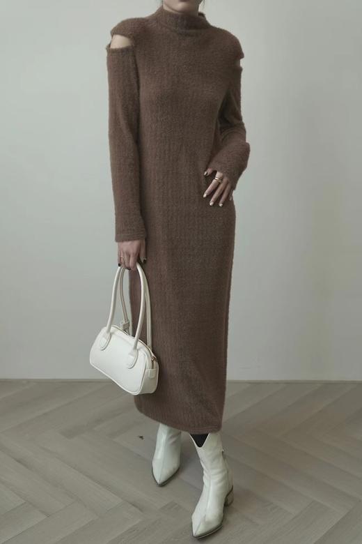 L.Fleuri 棕色露肩毛绒感长款连衣裙 17768 商品图3