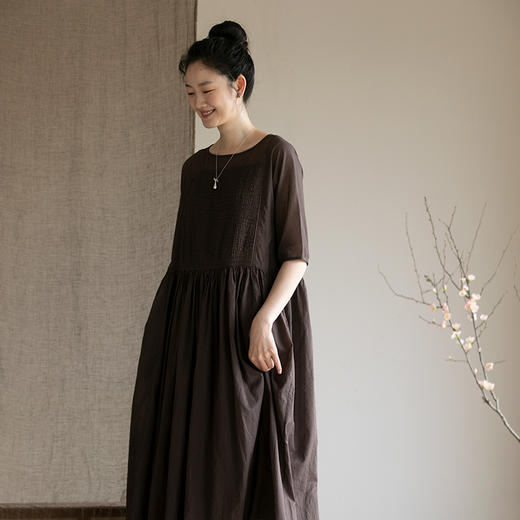 牧衣游原创100支纯棉打条连衣裙新品轻薄飘逸宽松气质长裙 秦桑曲 商品图0