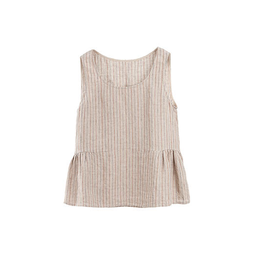 绽放旅行女装107朵/色织条纹亚麻圆领捏褶百搭显瘦透气背心吊带 商品图3