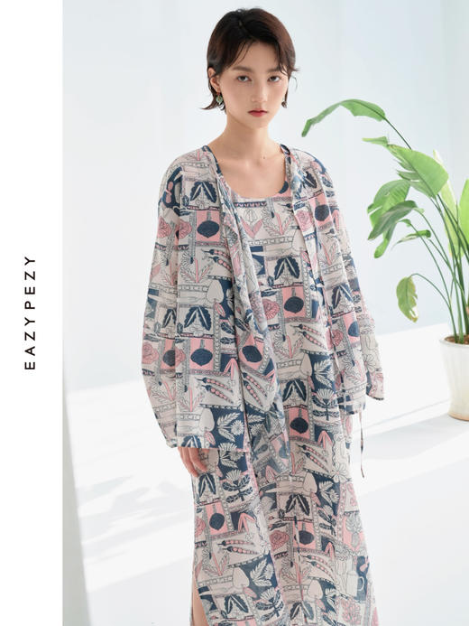 巴塞罗那的夏天丝棉印花圆领系带斜襟上衣 商品图2