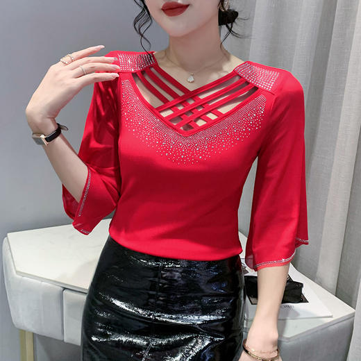 雀说时尚交叉V领烫钻网纱T恤女五分袖新款洋气半袖上衣中袖小衫AL1854 商品图3