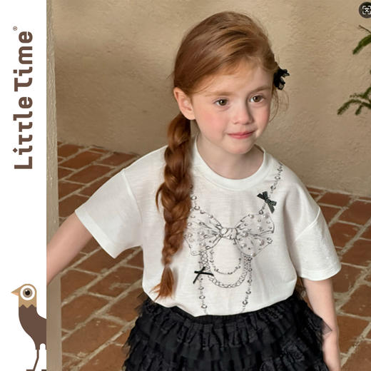 Littletime女童T恤2025春夏新款儿童卡通可爱洋气蝴蝶结珍珠短袖 商品图2