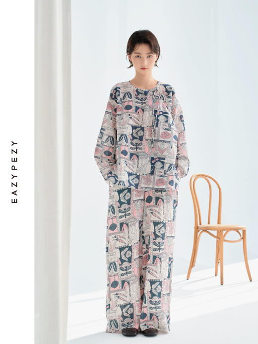 巴塞罗那的夏天亚麻印花阔腿裤 商品图3