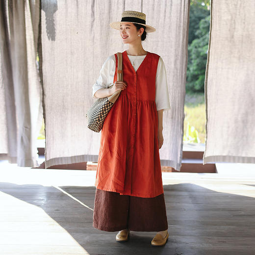 绽放旅行女装158朵/亚麻开襟收腰A摆V领宽松休闲舒适透气背心裙 商品图2