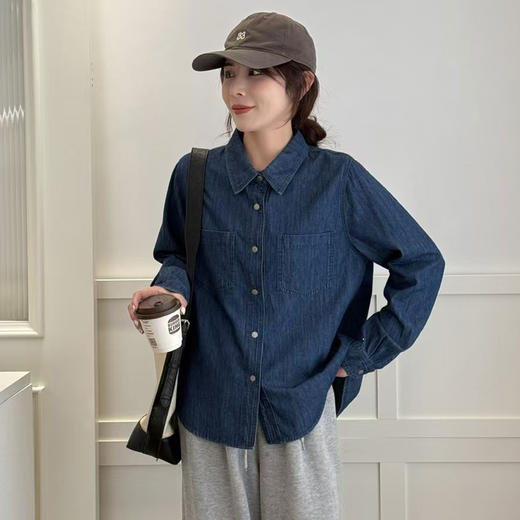 25春季新款韩版复古牛仔蓝衬衫纯棉ins通勤简约百搭长袖衬衣！ 商品图1