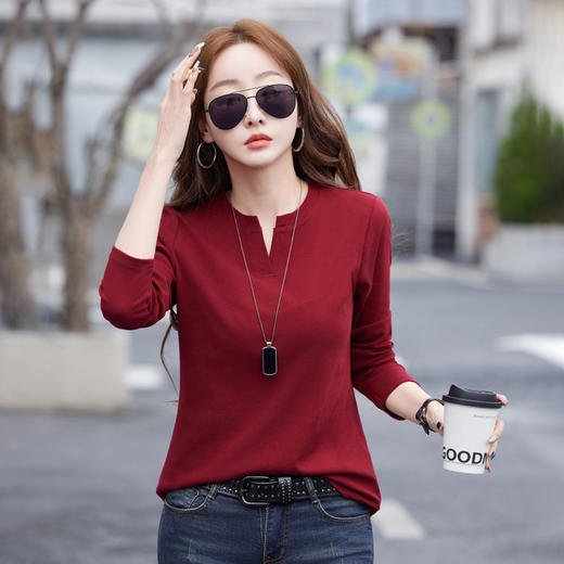 百媚生 棉质V领长袖T恤打底气质上衣6611 商品图0