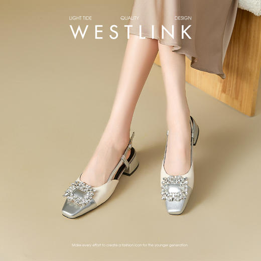 西遇小香风包头凉鞋女新款春夏法式方扣水钻银色方头粗跟单鞋V0656462 商品图2