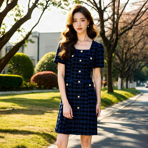 奢姿大码女装2025新款夏季胖妹妹法式收腰复古格子通勤气质连衣裙9952853136 商品图4