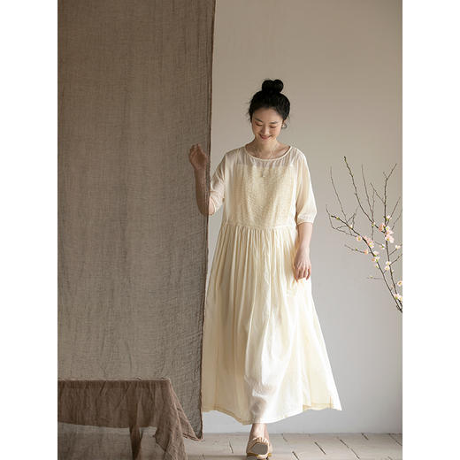 牧衣游原创100支纯棉打条连衣裙新品轻薄飘逸宽松气质长裙 秦桑曲 商品图2