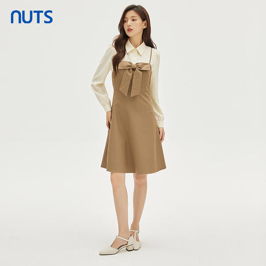 NUTS春秋新品时尚撞色优雅修身气质蝴蝶结长袖连衣裙333102128 商品图2