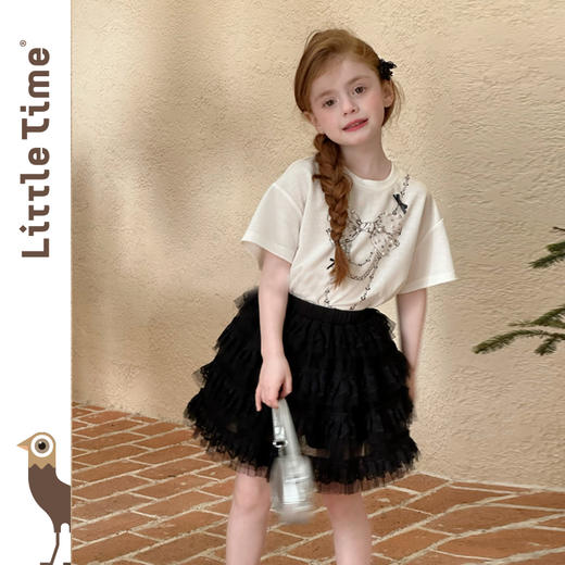 Littletime女童T恤2025春夏新款儿童卡通可爱洋气蝴蝶结珍珠短袖 商品图0