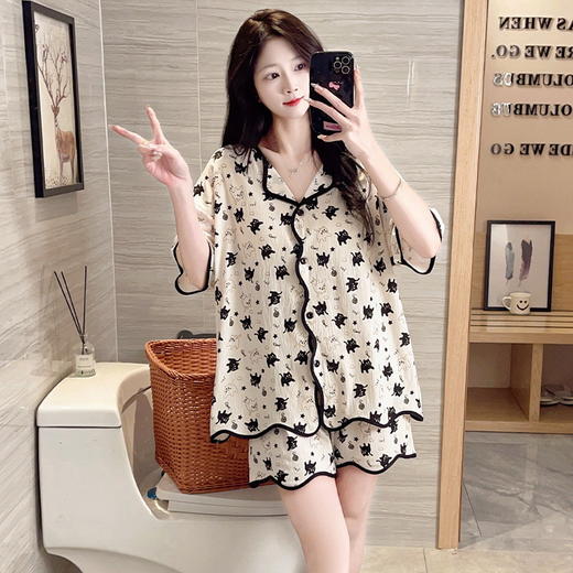 【内置杯垫不尴尬】自带胸垫睡衣女短袖短裤夏季免穿文胸少女可爱夏款卡通开衫家居服。ry 商品图3