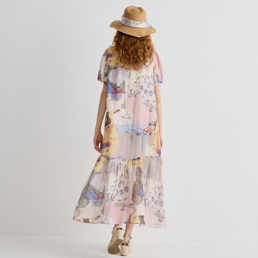 谜底连衣裙短袖女2025夏新品复古风度假印花宽松A型长裙252ML0697 商品图2