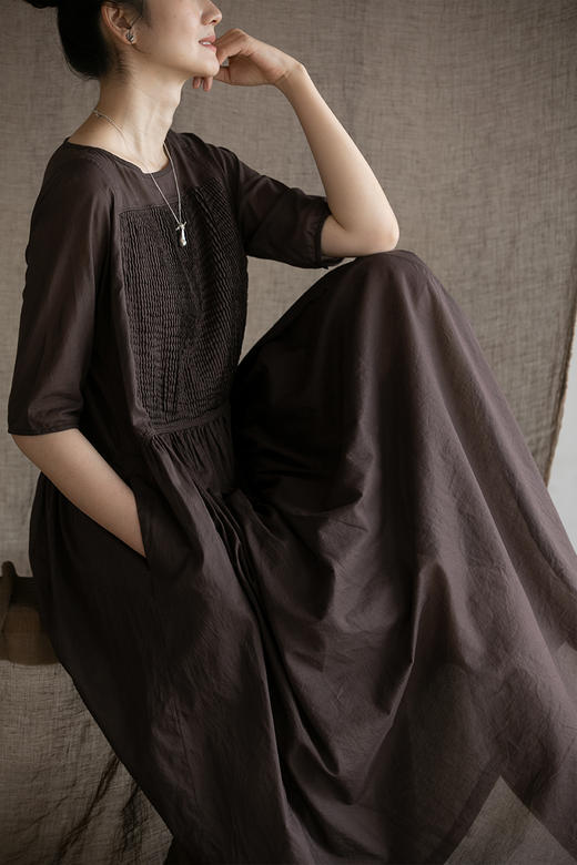 牧衣游原创100支纯棉打条连衣裙新品轻薄飘逸宽松气质长裙 秦桑曲 商品图5