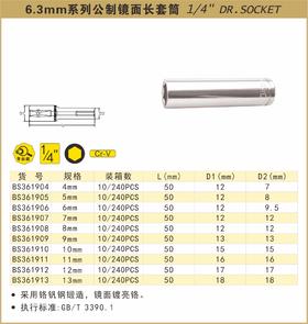 波斯 6.3mm系列公制镜面长套筒11mm BS361911