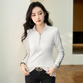 百媚生 早春澳绒拉链立领修身长袖T恤6603