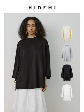 HIDEMI 极简圆领大廓形进口自然棉纱线中长款套头九分袖T恤 黑色/浅花灰/蛋奶米黄/自然白