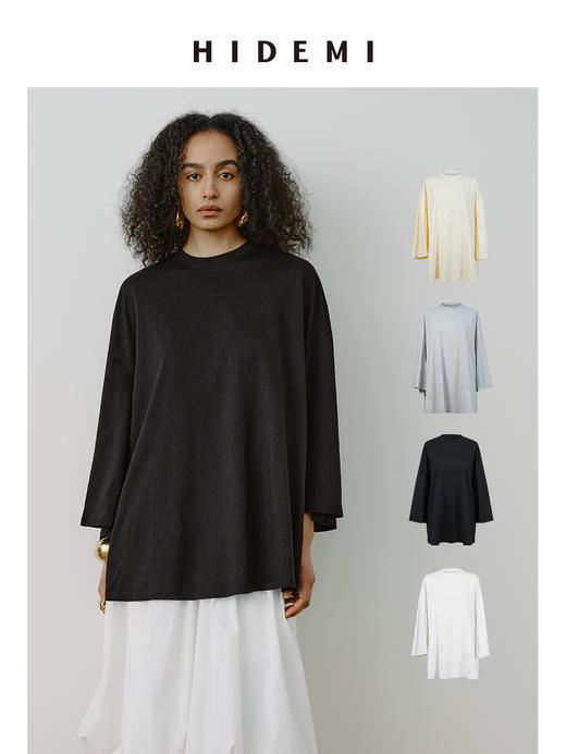 HIDEMI 极简圆领大廓形进口自然棉纱线中长款套头九分袖T恤 黑色/浅花灰/蛋奶米黄/自然白 商品图0