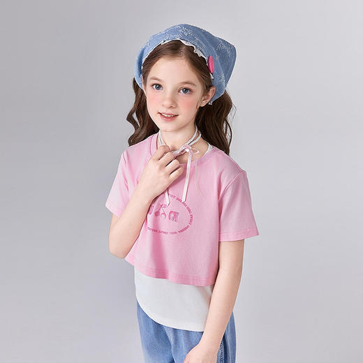 笛莎Deesha 童装女童T恤2025夏新款女童假两件T恤 商品图1